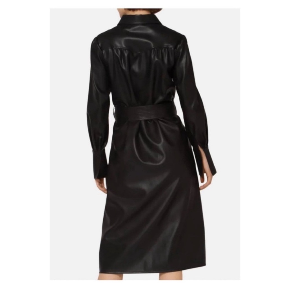 New! GRACIA Puff Sleeve Belted Faux Vegan Leather Trench Coat Midi Dress - Picture 4 of 11